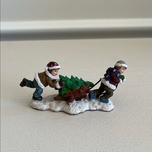 Christmas Village Figurine - Children and dog pulling Xmas tree